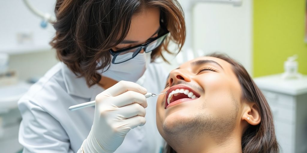 Patient erhält provisorische Zahnkrone vom Zahnarzt.