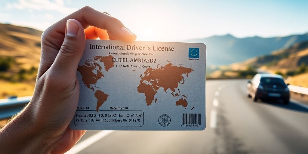 Fahrer mit internationalem Führerschein in schöner Landschaft.