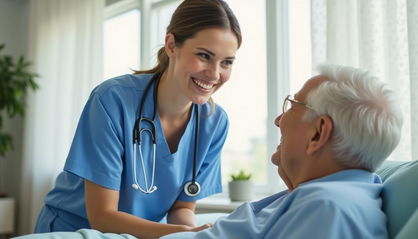 Patientenbetreuung: Betreuerin kümmert sich um älteren Patienten.
