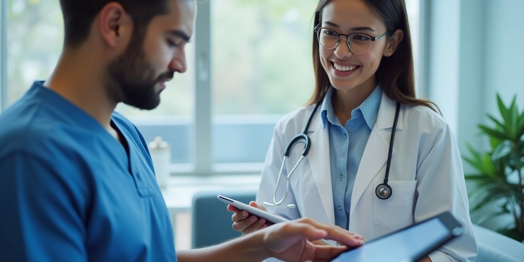Ärztin mit Tablet in der Patientenbetreuung.