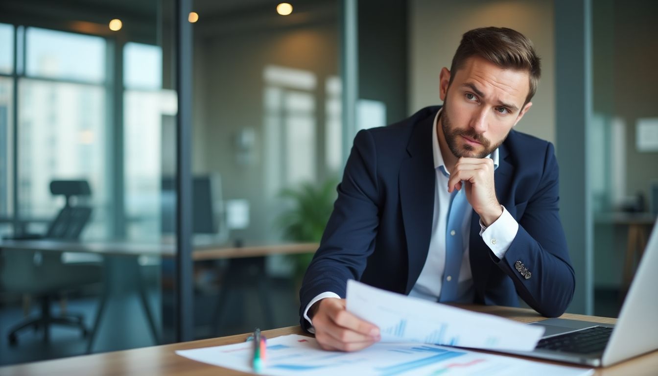 Businessman contemplating financial strategies in an office.