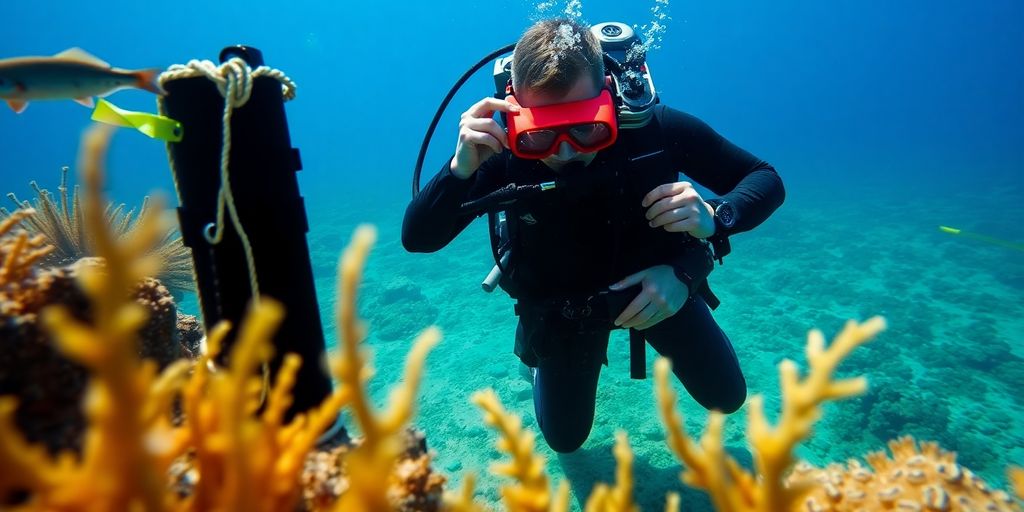 Diver untersucht beschädigte Ausrüstung unter Wasser.