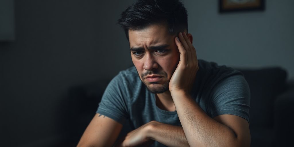 Traurige Person in einem dunklen Raum, psychische Belastung.