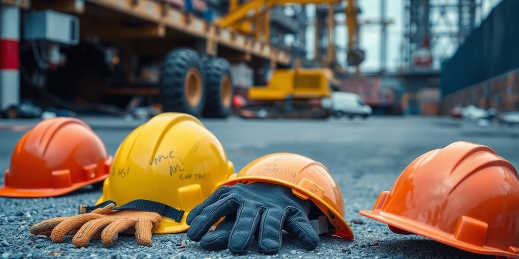 Schmerzensgeld: Arbeitsunfall mit Sicherheitsausrüstung auf dem Boden.