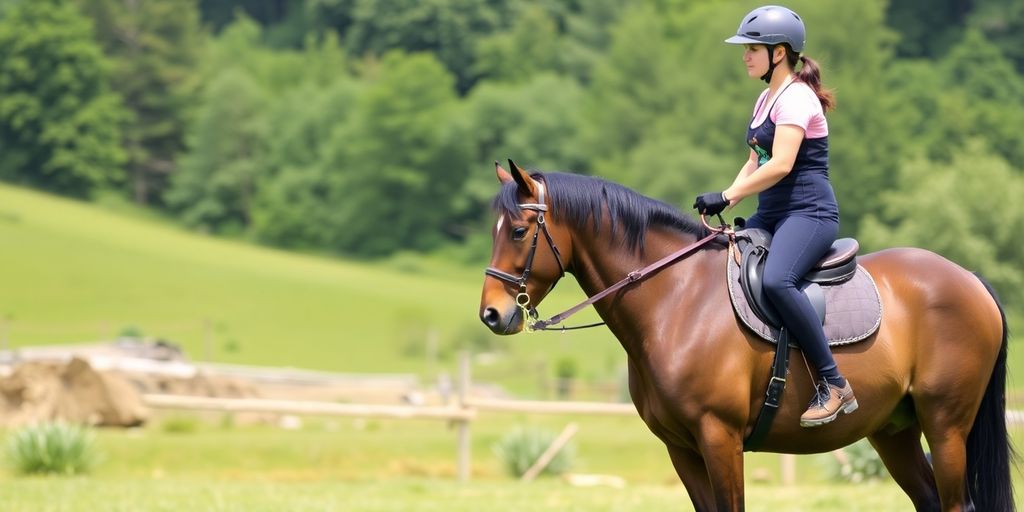 Reitunfall: Reiter mit Schutzkleidung auf einem Pferd in der Natur.