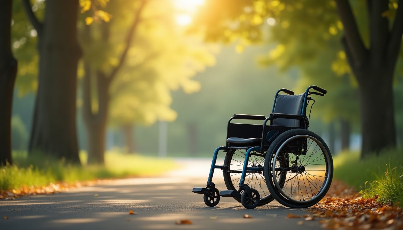 Modern wheelchair in a peaceful outdoor setting.