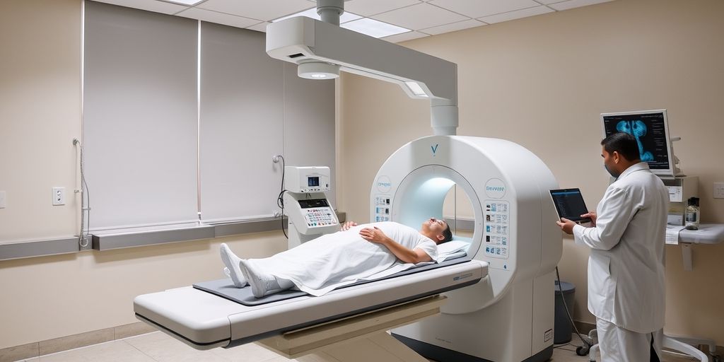 X-ray machine with patient and technician