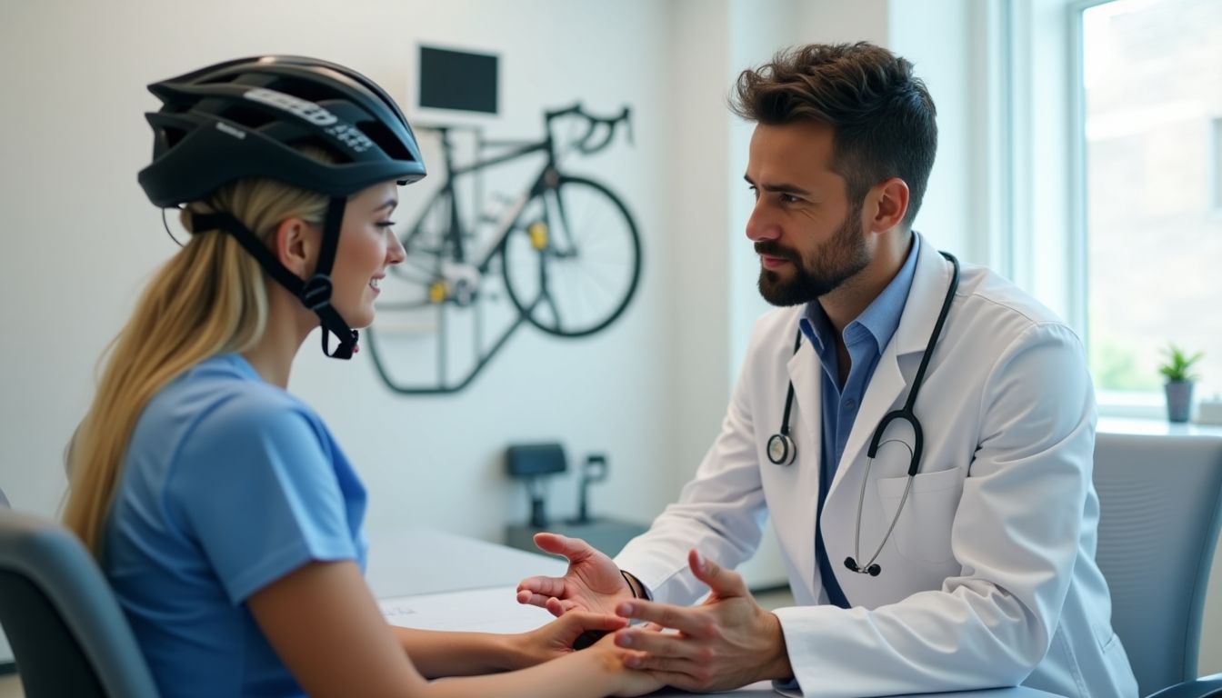 Arzt untersucht Frau mit Fahrradhelm nach Fahrradunfall.