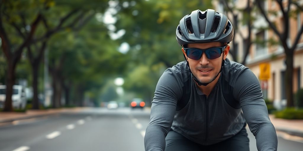 Fahrradunfall: Radfahrer auf städtischer Straße mit Sicherheitsausrüstung.
