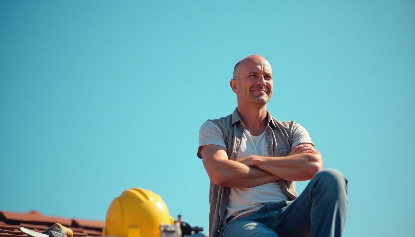 Bald roofer suffering from sunstroke on a rooftop.