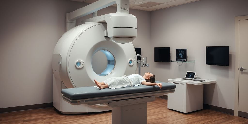 X-ray machine and patient in medical imaging room