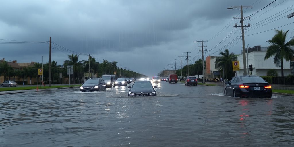 Flooded street with submerged cars and heavy rain