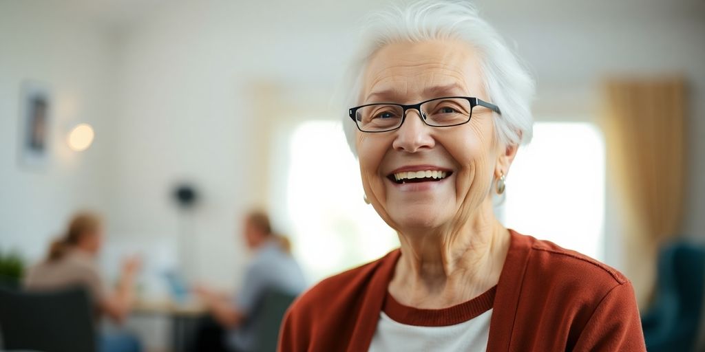 Lächelnder älterer weißer Mensch in heller Umgebung.