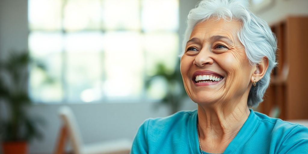 lächelnder älterer weißer Mensch in hellem Umfeld