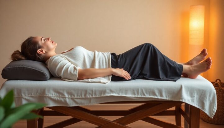 Frau lächelt entspannt während einer Fußreflexzonenmassage.