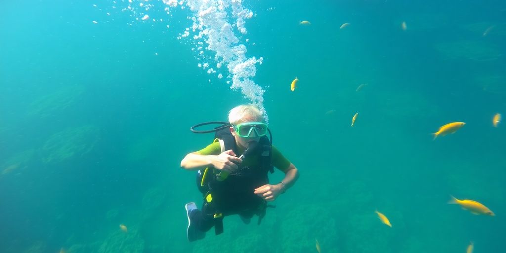 Taucher mit Ausrüstung unter Wasser zwischen bunten Fischen.