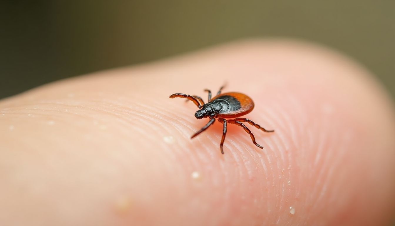 A tick on human skin, illustrating a potential health risk.