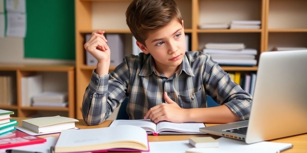 Nachhilfekosten: Ein Schüler am Schreibtisch mit Lehrmaterialien.