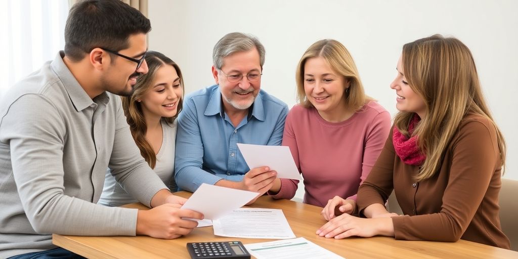Familie diskutiert über Nachhilfekosten am Tisch.