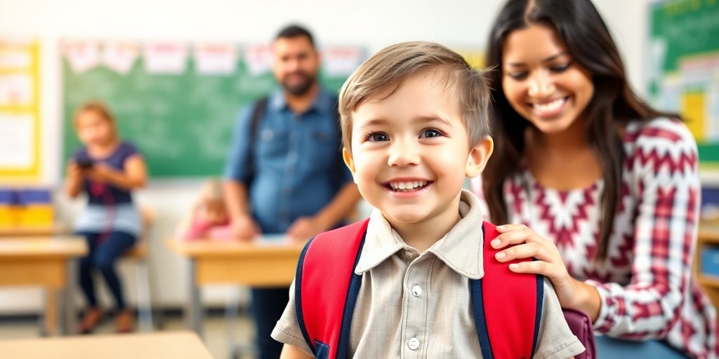 Kind in der Schule mit Unterstützung durch Erwachsene.