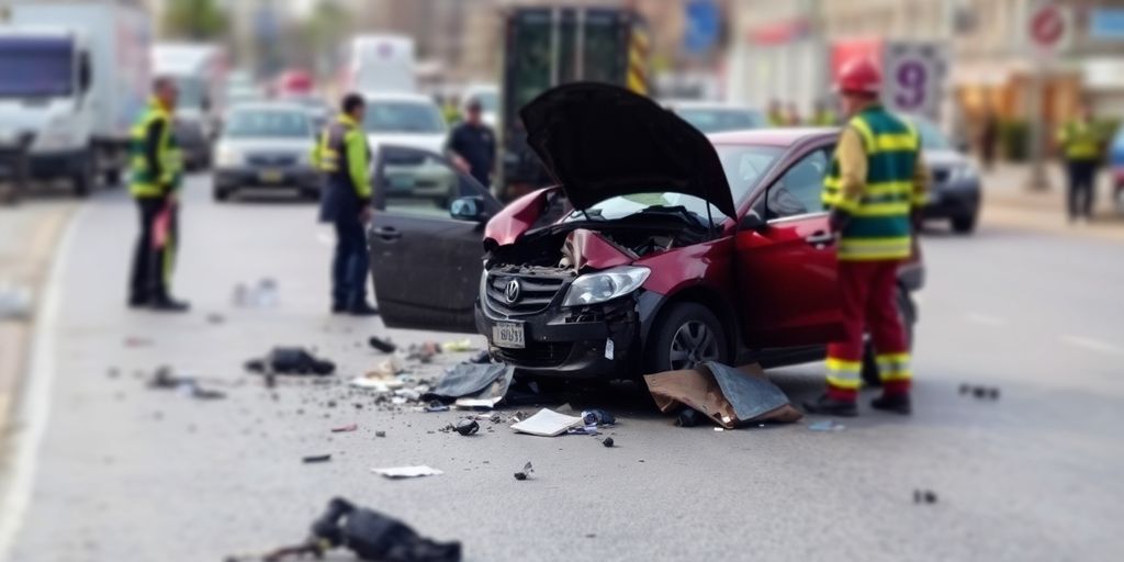 Unfallstelle mit beschädigten Fahrzeugen und Einsatzkräften.