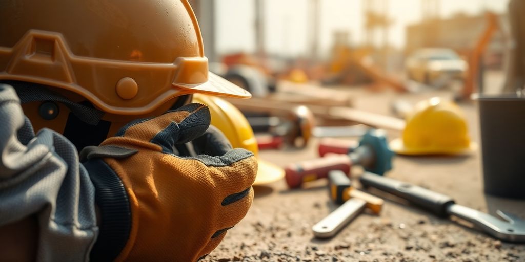 Arbeitsplatzunfall mit Sicherheitsausrüstung und Baustelle im Hintergrund.