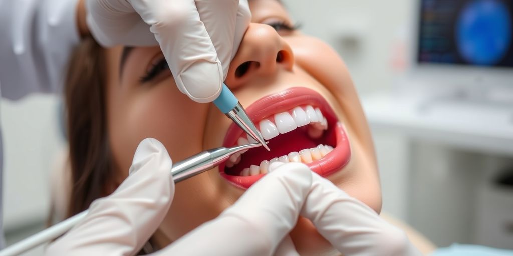 Dentist applying veneer to tooth