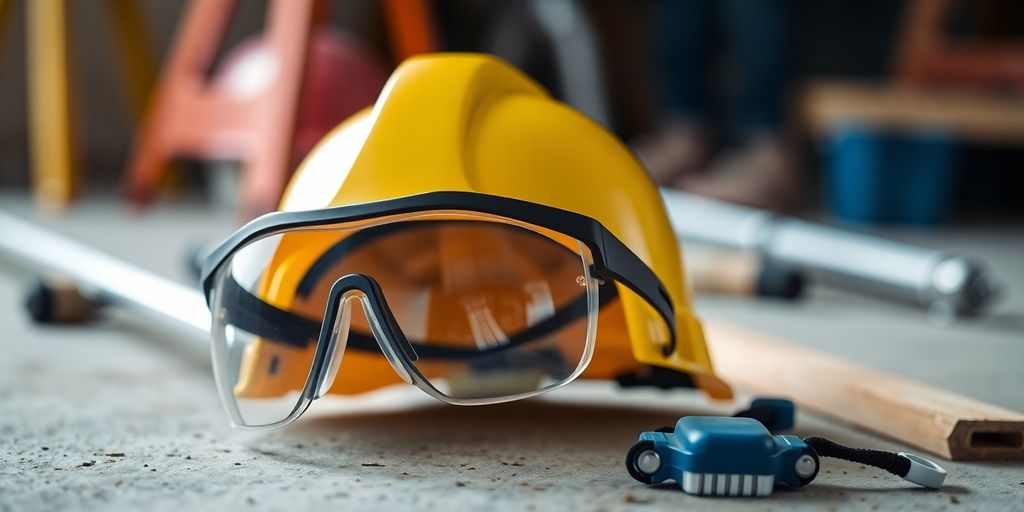 Sicherheitshelm und Schutzbrille auf einer Baustelle.