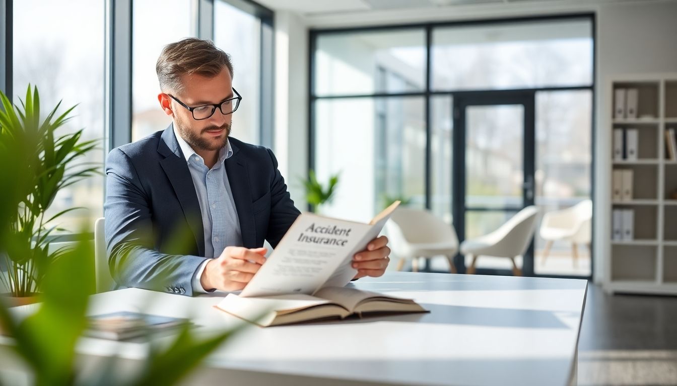 Consultant reading about accident insurance in bright office.