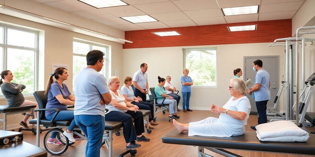 Rehabilitationszentrum mit Patienten in Therapieaktivitäten.