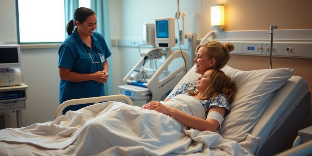 Krankenhausbett mit Patient und Pflegekraft im Hintergrund.