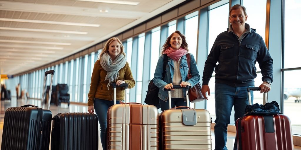 Family at airport with suitcases