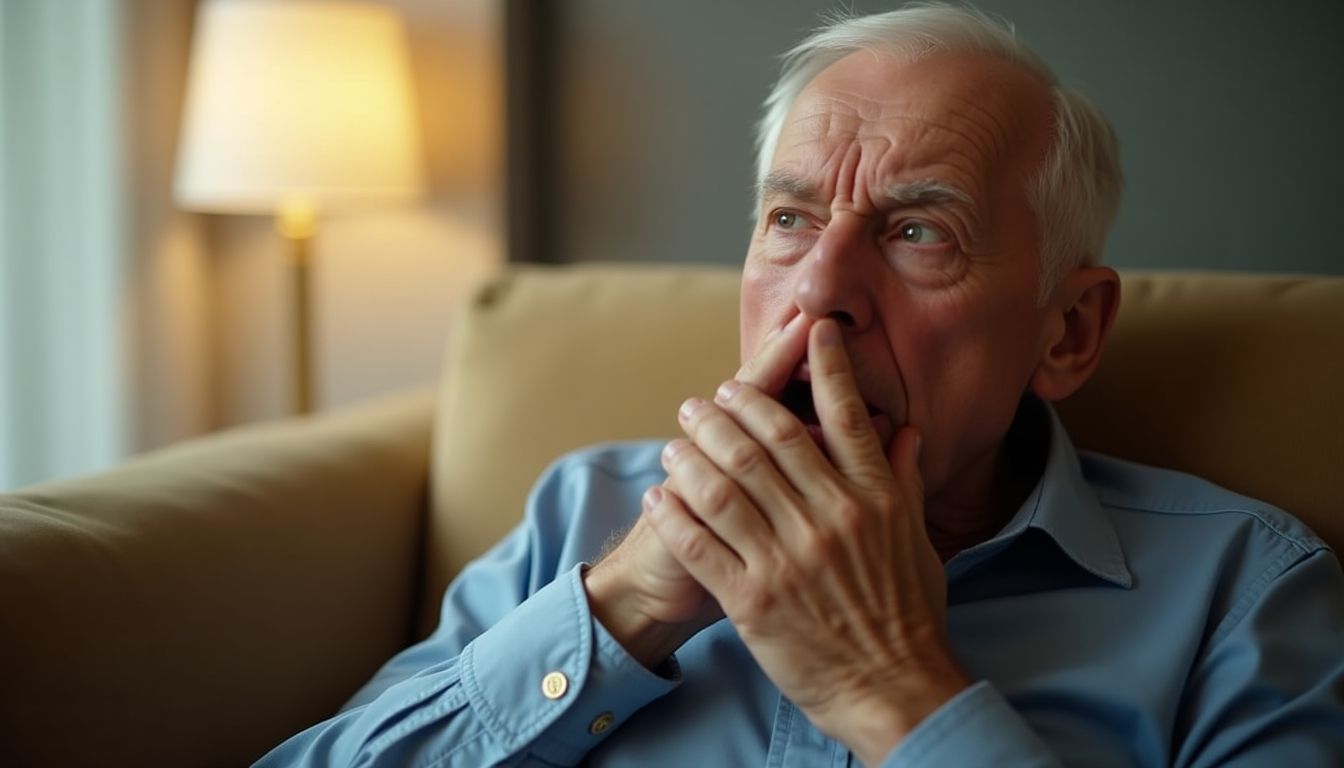 Elderly man having trouble breathing, looking worried.