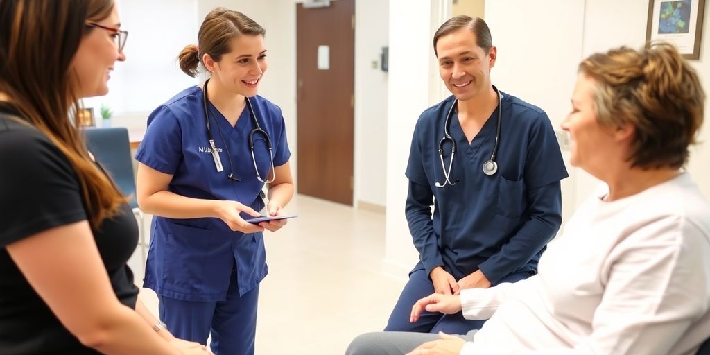 Arzt spricht mit Patient über Wiedereingliederung.