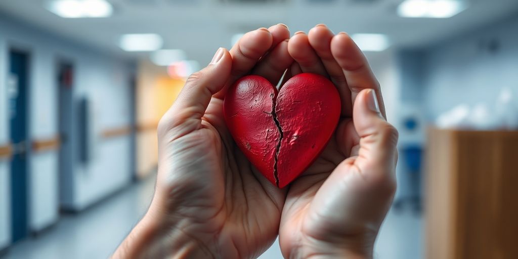 Händed mit gebrochenem Herz auf verschwommenem Hintergrund.