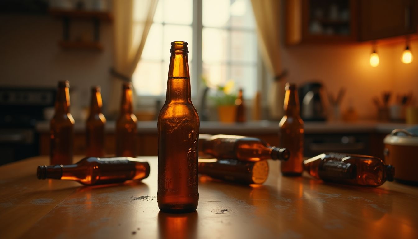 Alkoholklausel: Leere Bierflaschen auf dem Küchentisch