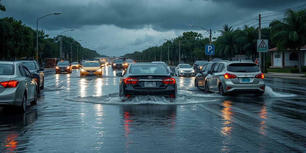 Flooded street with cars submerged in heavy rain