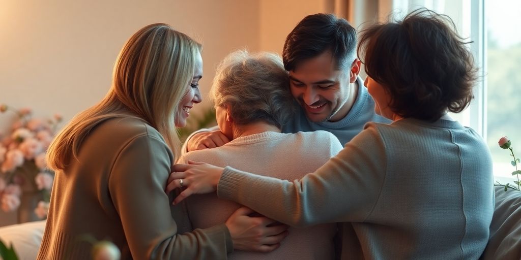 Todesfallleistung: Familie in liebevoller Umarmung während schwieriger Zeiten.