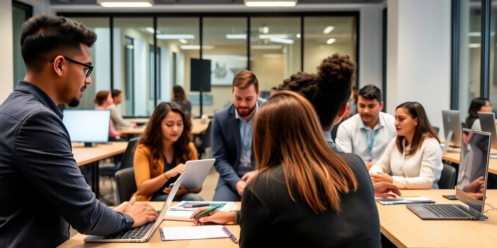 Umschuldungsmaßnahmen: Personen in einer Schulung zur beruflichen Umschulung.