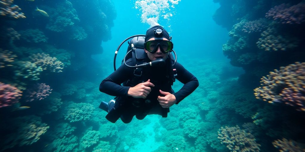 Tauchtypische Gesundheitsschäden: Taucher in voller Ausrüstung unter Wasser.
