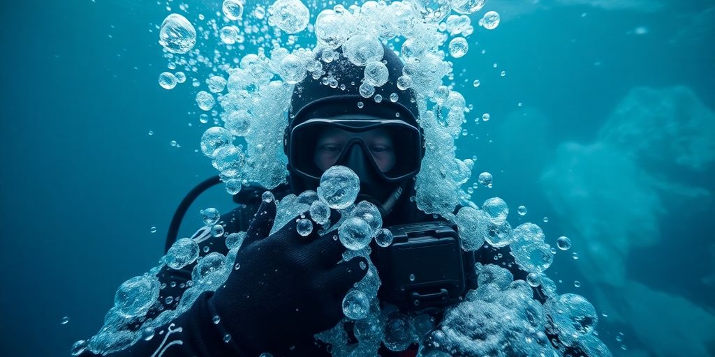 Taucher in kaltem Wasser mit Eis um ihn herum.