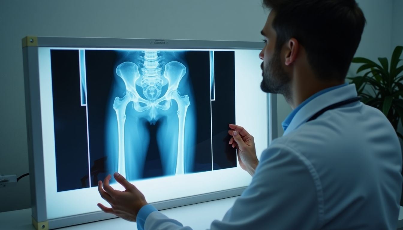 Arzt schaut sich ein Röntgenbild von einem Oberschenkelhalsbruch an