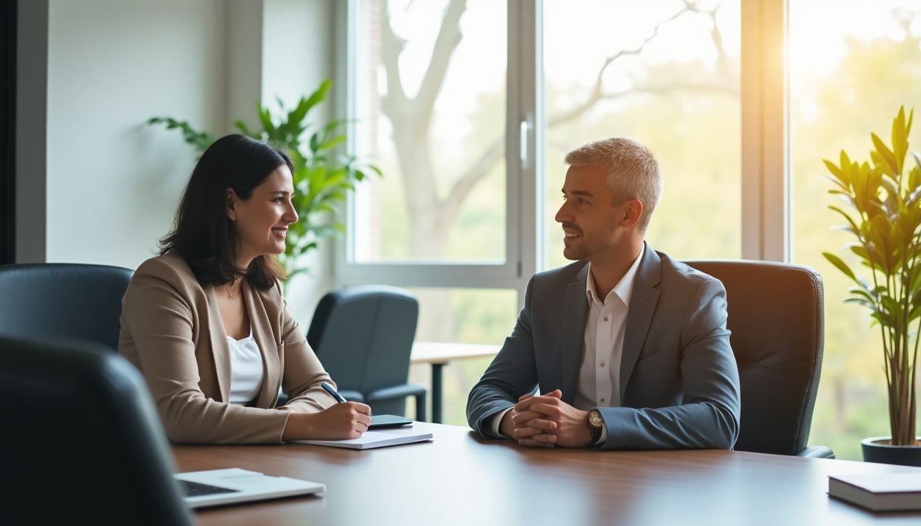 Insurance broker and client in a bright office.