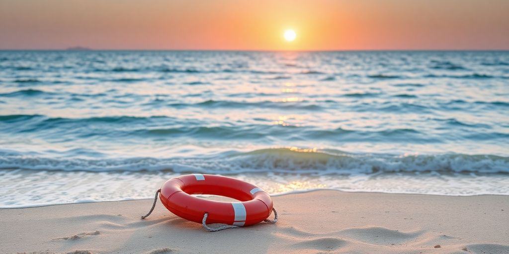 Schutz vor dem Ertrinken: Rettungsring am Strand bei Sonnenuntergang.