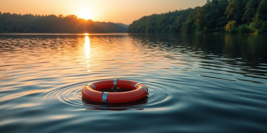 Rettungsring auf ruhigem Wasser bei Sonnenuntergang.