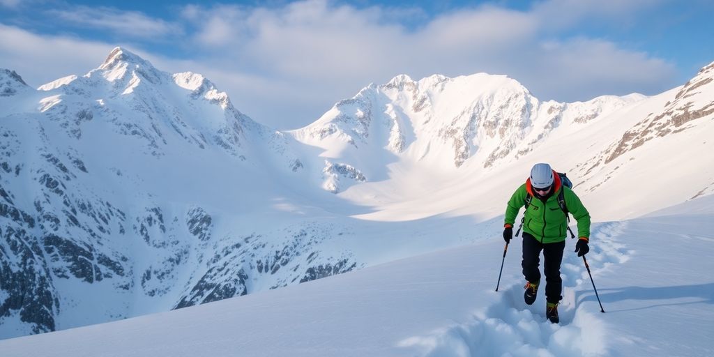 Bergsteiger in winterlicher Landschaft mit Schnee.