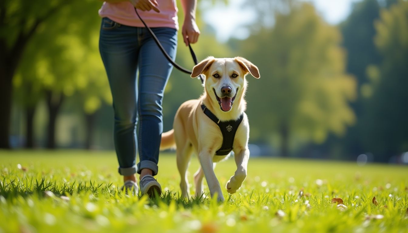 Blinde Frau macht einen Sparziergang mit einem Blindenhund