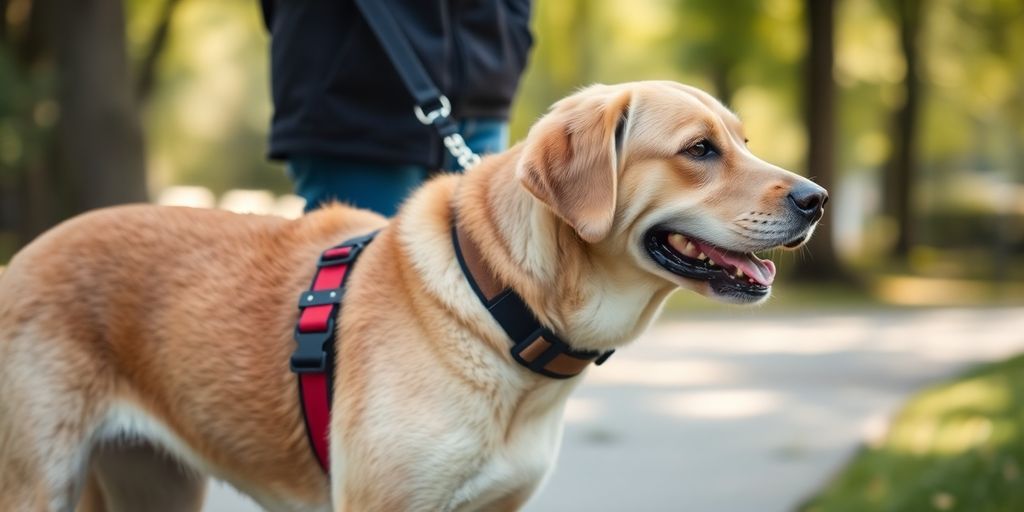 Blindenhund mit Halfter neben einer sehbehinderten Person.