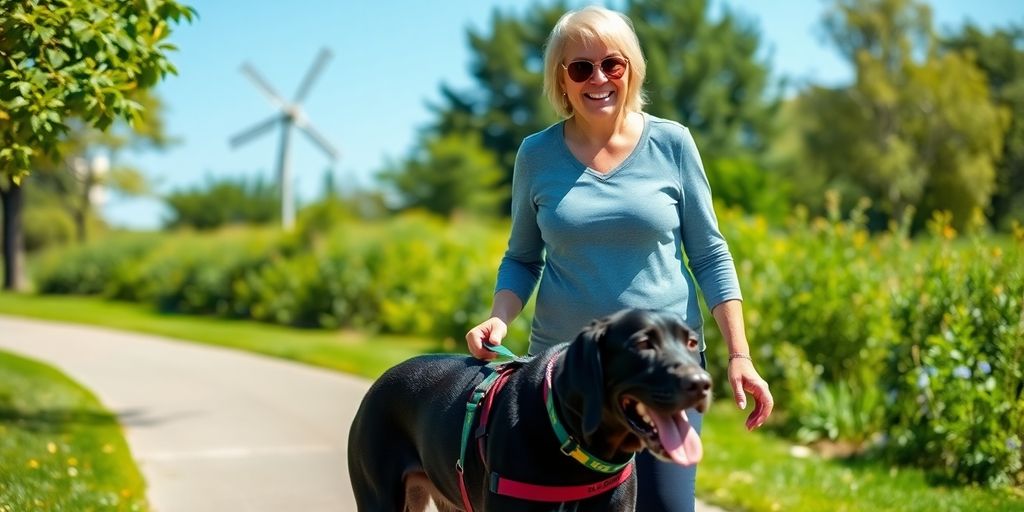 Blindenhund führt sehbehinderten Menschen im Park.