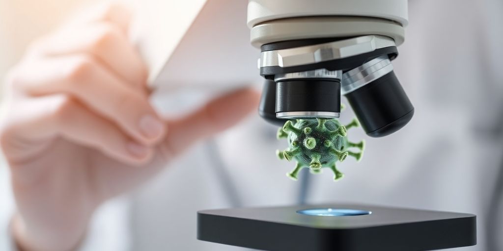 Infektionsklausel: Nahaufnahme eines Virus unter dem Mikroskop.